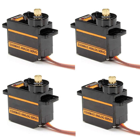 Four Pack ES08MA II 12g Mini Metal Gear Analog Servo for RC Models, visible in shockproof black casing