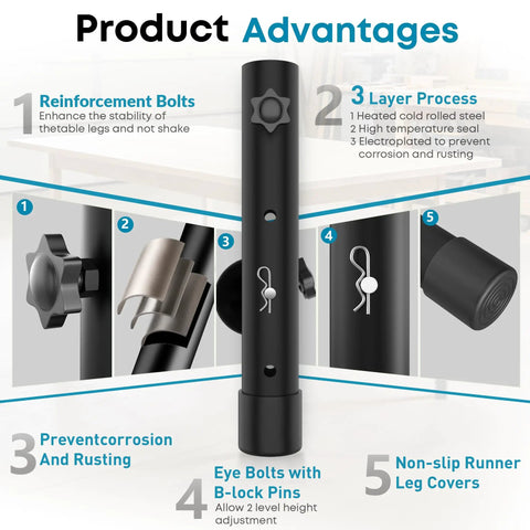 Heavy Duty Carbon Steel Table Leg Extenders features illustration showing reinforcement bolts and adjustability for desk lifting.