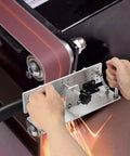 Heavy Duty Fixed Angle Belt Grinder Knife Jig For Precision Blade Sharpening durable aluminum alloy in use on a bench grinder.