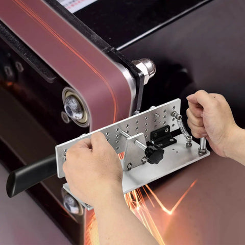 Heavy Duty Fixed Angle Belt Grinder Knife Jig For Precision Blade Sharpening durable aluminum alloy in use on a bench grinder.