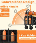 Grab And Go Foldable Wagon Cart With 360 Degree Wheels And Drink Holders showing flexible handle adjustments and cup holders