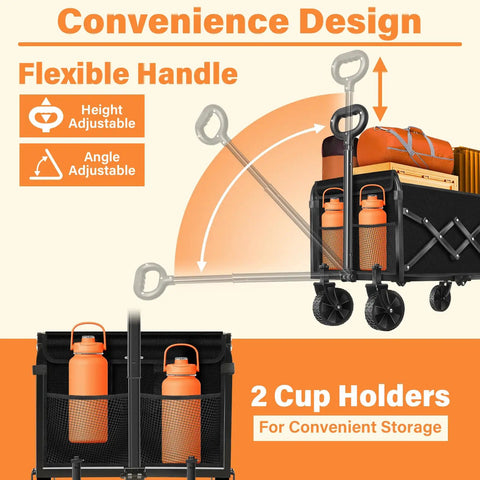 Grab And Go Foldable Wagon Cart With 360 Degree Wheels And Drink Holders showing flexible handle adjustments and cup holders