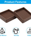 Brown Rubber Caster Cups 2x2 In Non Slip Furniture Feet Protectors 4 Pack Dense Rubber Gripper Pads For Tables Desks And Chairs Smooth Glide And Floor Safe Protection showing detailed ribbed texture and stability features with non-slip icons