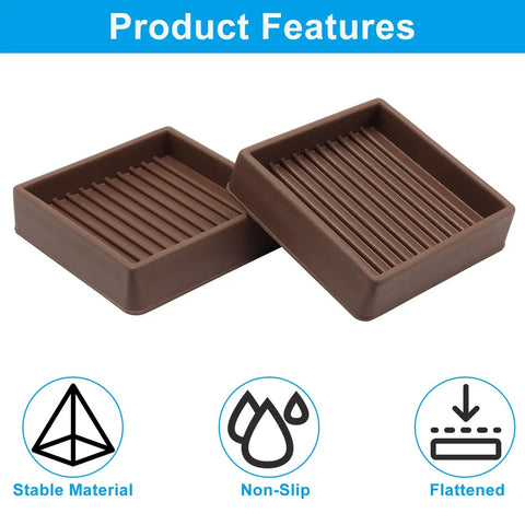 Brown Rubber Caster Cups 2x2 In Non Slip Furniture Feet Protectors 4 Pack Dense Rubber Gripper Pads For Tables Desks And Chairs Smooth Glide And Floor Safe Protection showing detailed ribbed texture and stability features with non-slip icons