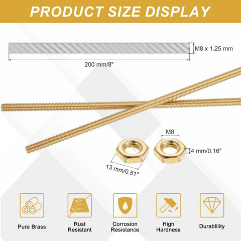 Product size display of Brass Fully Threaded Rod M8 x 1.25 Pitch Right Hand Threads With Solid Brass Hex Nuts, 200mm Long