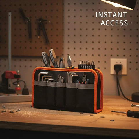 Oxford Cloth Tool Organizer Bag With Vertical Upright Slots For Screwdrivers And Bits, Desktop Workbench Caddy. Red Finish.