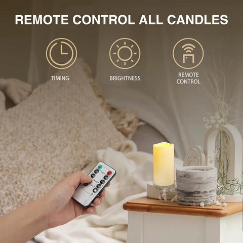 Hand holding remote for 2 Pack Outdoor Flameless LED Pillar Candles With Remote And Timer, Waterproof Battery Operated Flickering Candles.