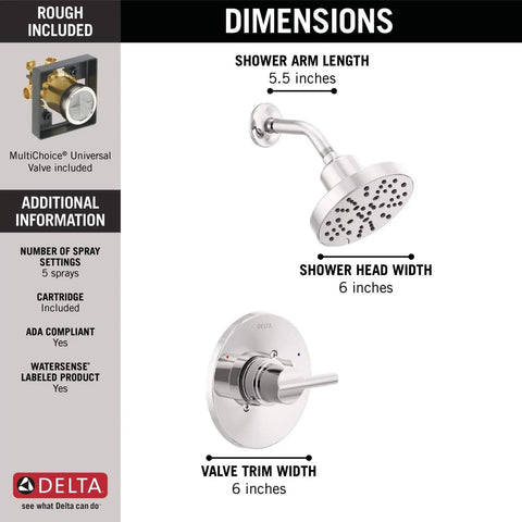 Nicoli 14 Series H2Okinetic Shower Faucet Set Chrome with Shower Head and Handle Trim Kit dimensions displayed