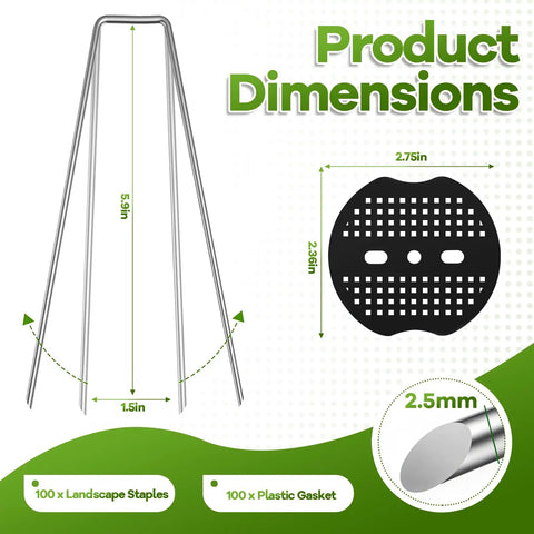 Product dimensions of Heavy Duty 6 Inch Galvanized Landscape Staples Set With Gasket, 200 Pack for outdoor gardens