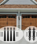 Decorative Garage Door Hardware Kit With Heavy Duty Handle Hinges for wooden doors, ideal for barn and modern homes, displayed on doors.