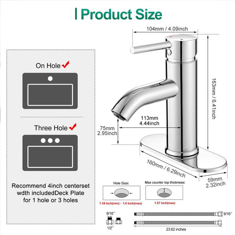 Chrome Single Handle Bathroom Faucet For One Hole Sink And Vanity Or Commercial Lavatory Includes Three Eighths Inch Hoses And Deck Plate Durable Stainless Steel With Easy Clean Finish Corrosion Resistant And Built To Last No Fuss Install For Any Vanity product size illustration
