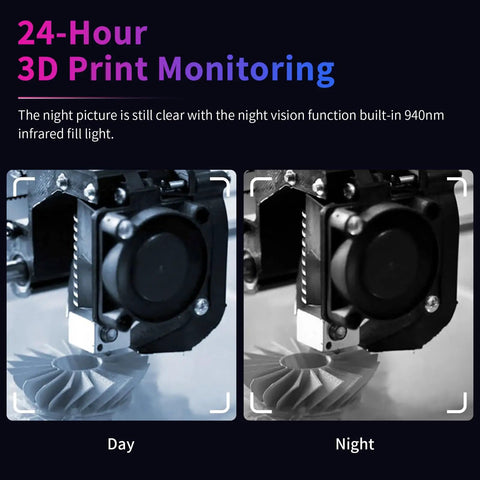 Day and night comparison of Nebula Camera For 3D Printers With Night Vision And 24 Hour Monitoring Real Time Printing Monitoring Via USB Connection.