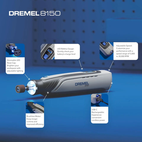 Cordless Rotary Tool Kit With Brushless Motor And LED Nose Cap For Precision Work, Variable Speed 5,000 to 30,000 RPM, USB C Rechargeable, Includes 20 Accessories For Pro DIY Projects displayed with blue LED light