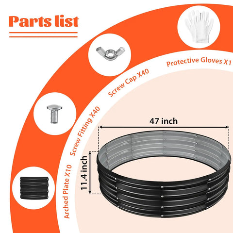 48 Inch Round Galvanized Fire Pit Ring Foldable parts list with screws, plates, gloves for backyard campfires
