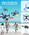 1080P HD FPV Foldable Drone for Adults & Beginners flying over beach with three speeds, headless mode, and one-key landing feature