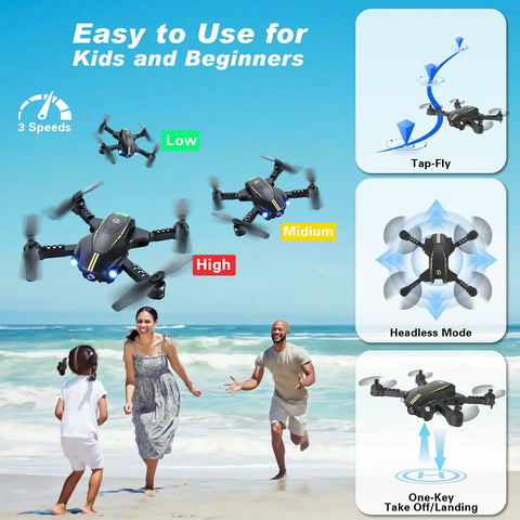 1080P HD FPV Foldable Drone for Adults & Beginners flying over beach with three speeds, headless mode, and one-key landing feature