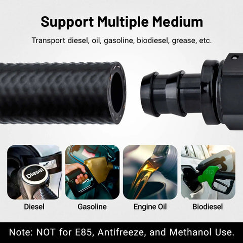 Close-up of half inch fuel hose line kit with 8AN push lock fittings, supporting multiple mediums for cars and trucks.