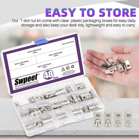 Heavy Duty 4040 Series T Slot Nuts Kit With Carbon Steel Nickel Plated Roll In Spring Nuts M4 M5 M6 M8 48Pcs in storage box