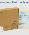 Gift packaging for 120 Lab Grade Microscope Slides With Specimens Set for Kids and Adults, cardboard box and slide case
