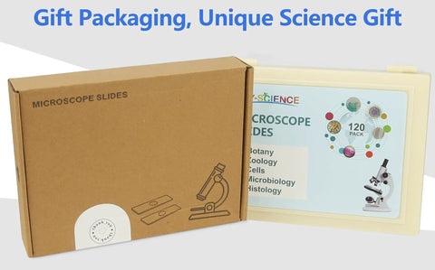 Gift packaging for 120 Lab Grade Microscope Slides With Specimens Set for Kids and Adults, cardboard box and slide case