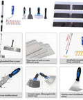 Kick Ass Self Leveling Cement Tool Kit With Long Reach Extension Pole showing scrapers, trowels, and paint roller for concrete finishing.