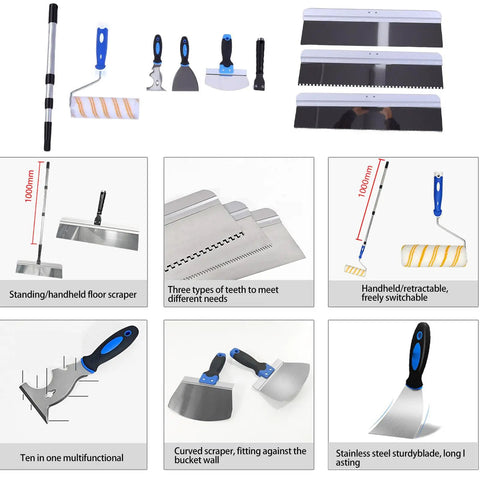 Kick Ass Self Leveling Cement Tool Kit With Long Reach Extension Pole showing scrapers, trowels, and paint roller for concrete finishing.