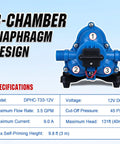 Quiet 12V RV Water Diaphragm Pump Replacement For Camper Marine Boat Travel Trailer And Off Grid Use On Demand Self Priming With Adjustable Pressure Switch 3 Point 5 GPM 45 PSI front view with specifications