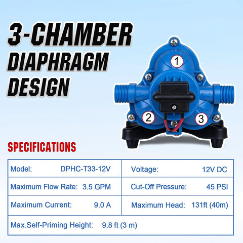 Quiet 12V RV Water Diaphragm Pump Replacement For Camper Marine Boat Travel Trailer And Off Grid Use On Demand Self Priming With Adjustable Pressure Switch 3 Point 5 GPM 45 PSI front view with specifications