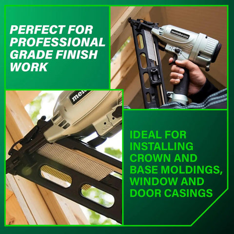 Finish Nailer With Air Duster For Crown And Base Molding 15 Gauge Angled Pneumatic Nailer shown in wooden frame use