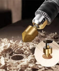 Close-up of Badass Titanium Coated Hss Countersink Drill Bit Set gliding through wood, creating clean chamfers and shavings.