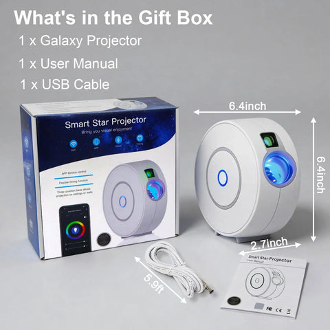 Smart Galaxy Star Projector With Nebula Night Light, 16 Million Colors, App And Voice Control, boxed contents and size details