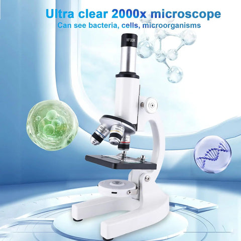 Kid Friendly For All Ages 40x To 2000x Microscope With Phone Adapter And Slides Set For School, Lab And Home Education on white stand