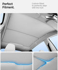 Spigen CryoShade double-layer roof sunshade installed in Tesla Model Y Juniper, light-gray fabric