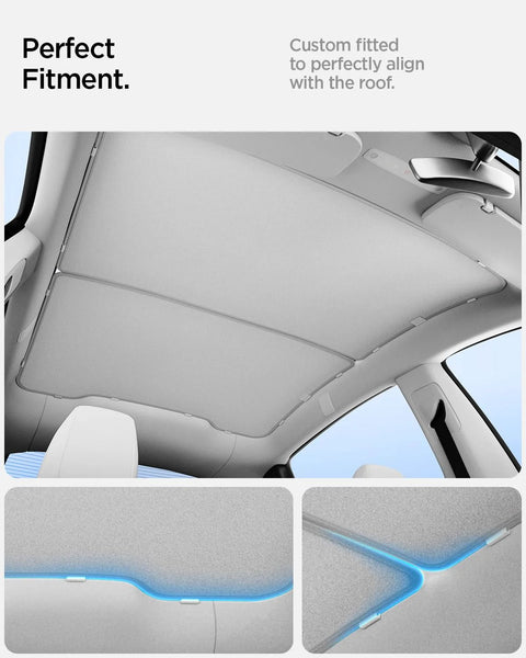 Spigen CryoShade double-layer roof sunshade installed in Tesla Model Y Juniper, light-gray fabric