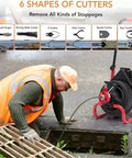 75Ft Electric Drain Auger Machine Auto Feed Snaking Tool For 2 To 4 Inch Pipes being used by a worker to clear a blocked drain.
