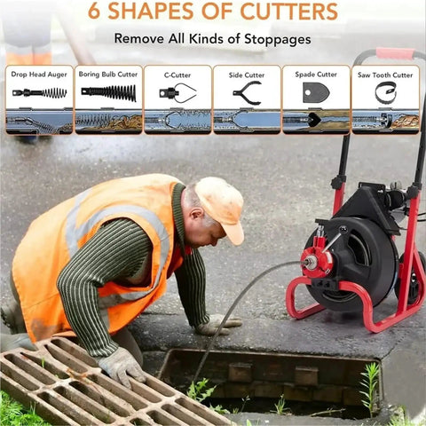 75Ft Electric Drain Auger Machine Auto Feed Snaking Tool For 2 To 4 Inch Pipes being used by a worker to clear a blocked drain.