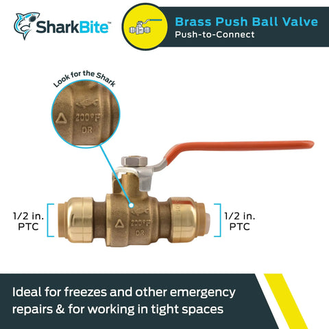 Plug And Play Push To Connect Brass Ball Valve Half Inch No Fuss Shutoff For PEX Copper CPVC PE-RT SDR-9 HDPE Pipes, DIY Friendly