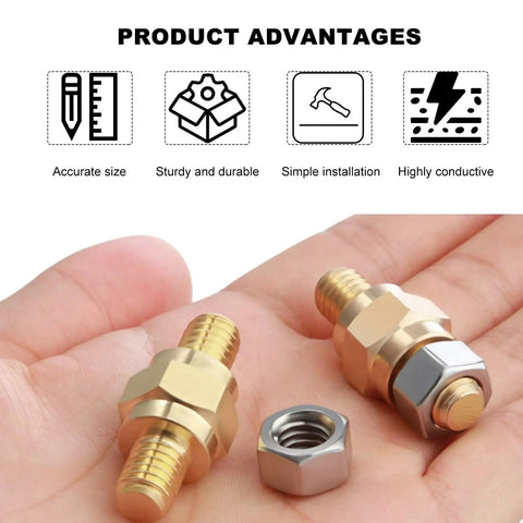 Heavy Duty Solid Brass Side Post Battery Terminal Extender Studs With Brass Jam Nuts Three Eighths Inch One Six Thread, showing accurate size and sturdy build.
