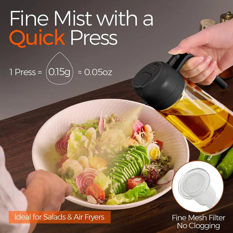 User pressing Smooth Operator Sixteen Oz Glass Olive Oil Spray Bottle With Dual Pour And Sprayer Function for salad misting.