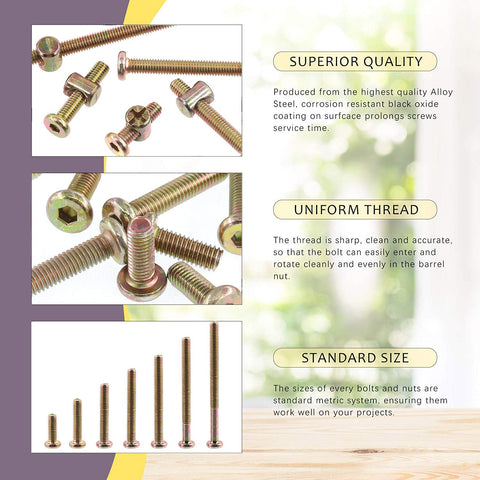 Colored Zinc M6 Hex Socket Head Cap Screws Kit With 20/30/40/50/60/70/80mm Lengths, Barrel Nuts, Crib Baby Bed Bolts image