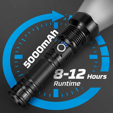 Crazy Bright 90000 Lumens Rechargeable LED Flashlight Set, 2 Pack showing 5000mAh battery and 8-12 hours runtime on black background