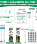 Components of At Home Soil Test Kit for Lawns and Gardens, 40 Tests, Four Key Nutrients and pH, Nitrogen Phosphorus Potassium displayed.