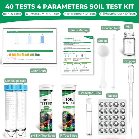 Components of At Home Soil Test Kit for Lawns and Gardens, 40 Tests, Four Key Nutrients and pH, Nitrogen Phosphorus Potassium displayed.