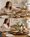 Top Shelf Walnut Lazy Susan Turntable 35.5 Inch display with food on a table before and after using a rotating tray.