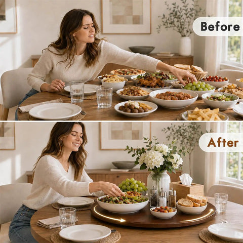 Top Shelf Walnut Lazy Susan Turntable 35.5 Inch display with food on a table before and after using a rotating tray.