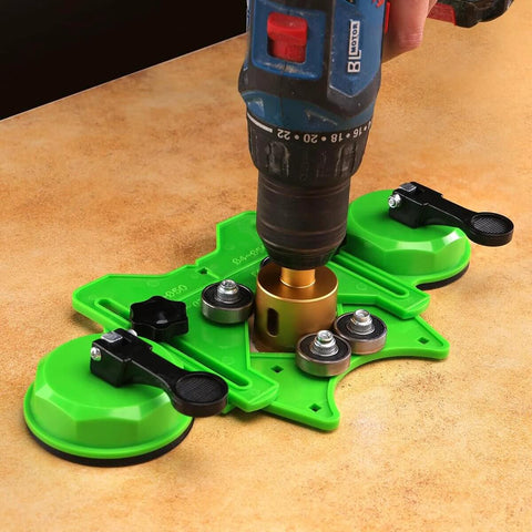 Front view of MARSBASE diamond hole saw kit with green drill guide base and two suction cups