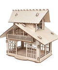 Wooden house model front view; unfinished basswood with windows and balcony.