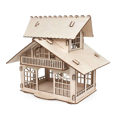 Wooden house model front view; unfinished basswood with windows and balcony.