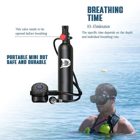 Mini Scuba Tank 1L For Short Dives, DOT Certified, aluminum with valves, shown in water use.