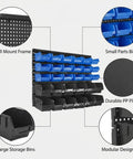 Rock Solid Heavy Duty Wall Mount Tool Organizer Rack With Thirty Spacious Compartments showing blue small parts bins and large storage bins.